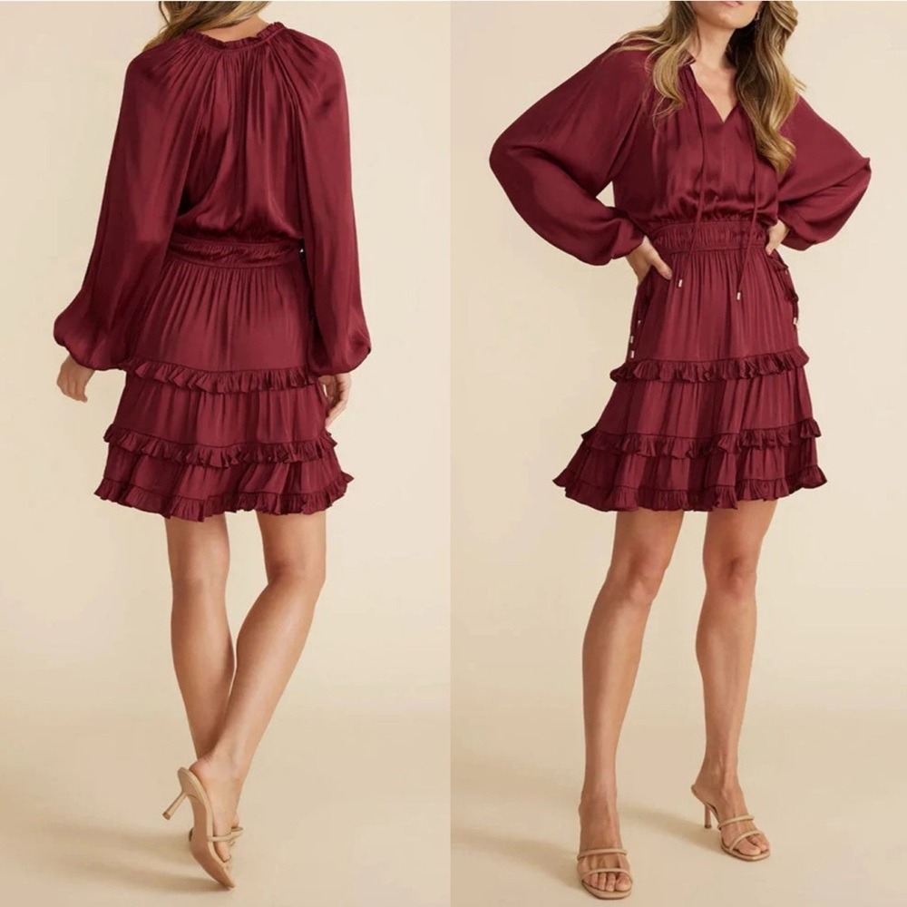 MINKPINK Dress Medium Elvina Ruffle-Tiered Mini Dress Long Sleeve Wine Burgundy